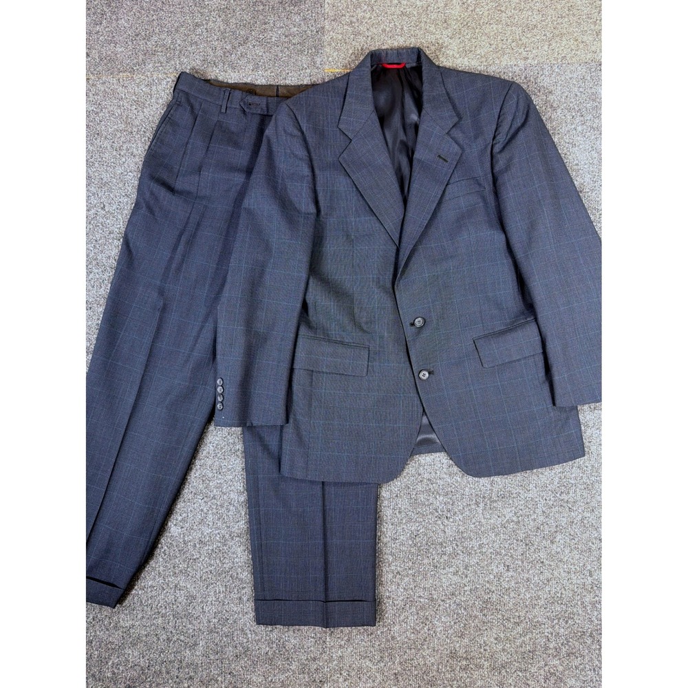 Jos. A. Bank Mens Wool Blue Glen Plaid 2 Button Pleated Cuffed Two Piece Suit